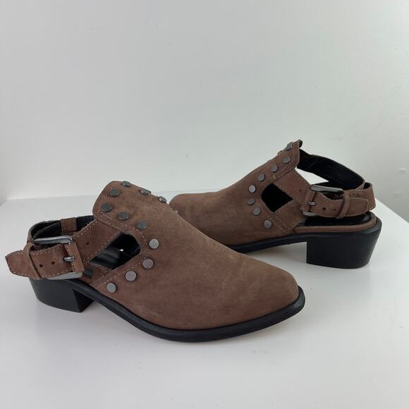 MADE Open Heel Brown Shoes Mules Studded Buckle Pointed Toe Leather Size 7.5 - Picture 1 of 9